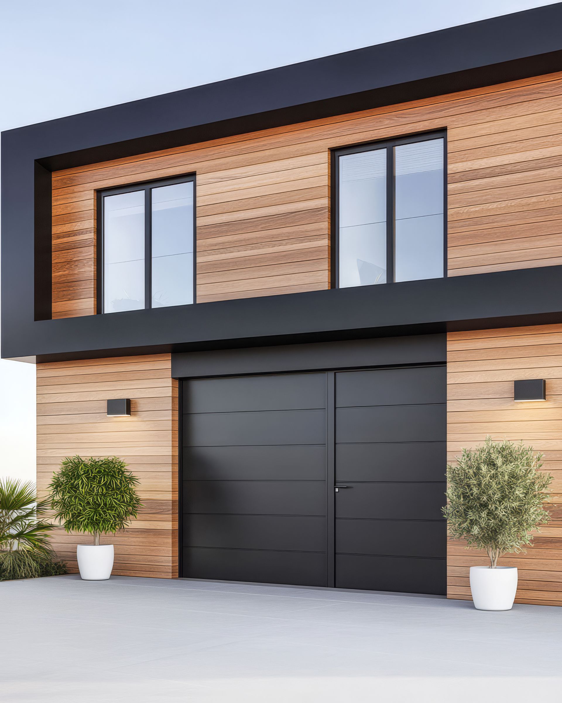 Des fenêtres et une porte de garage d'une maison moderne