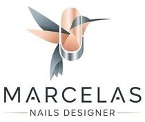 Logotipo de Marcelas Nails Designer con un colibrí abstracto en gris y color melocotón