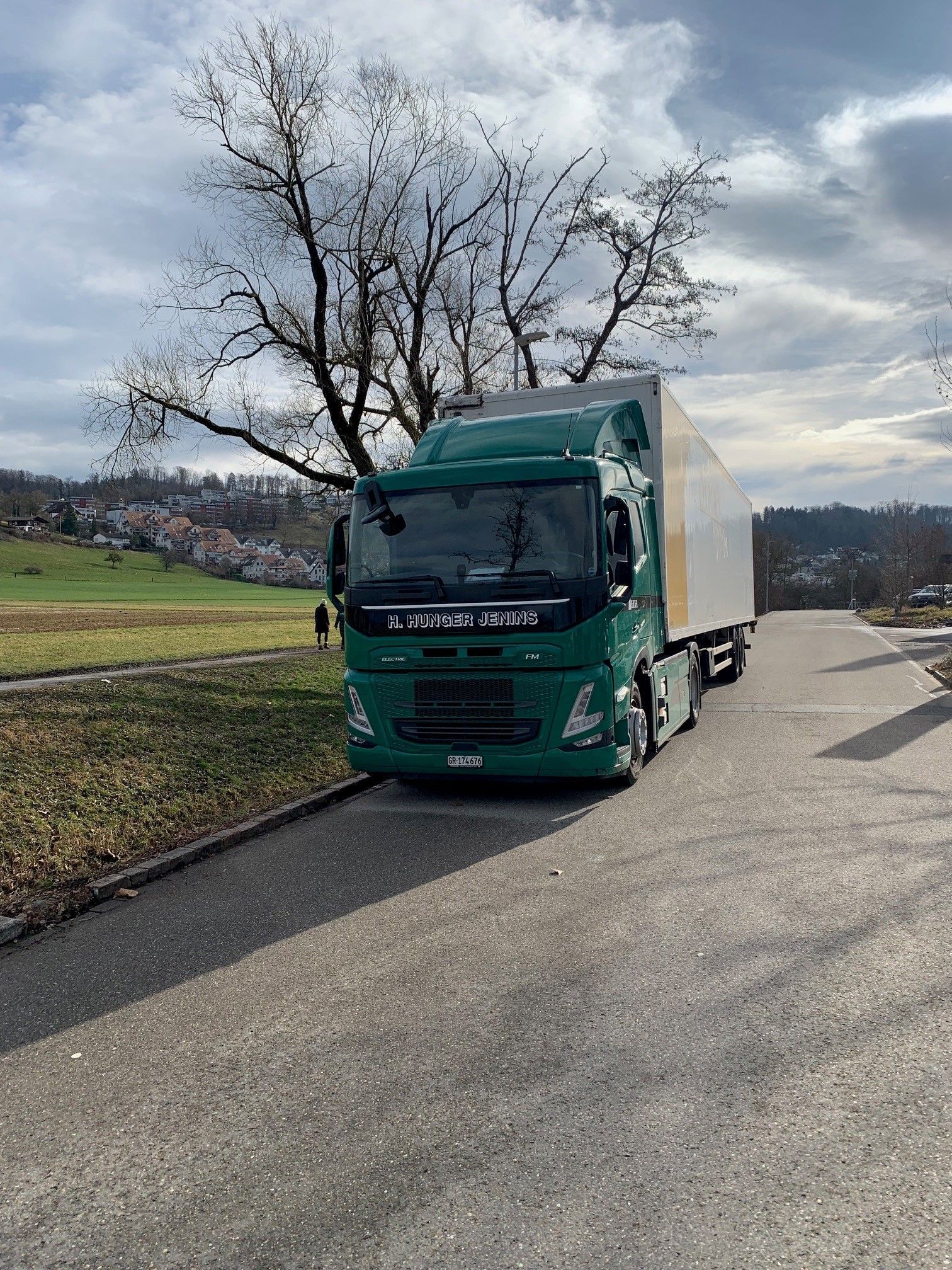 Ein grüner Lastwagen steht am Straßenrand neben einem Baum.