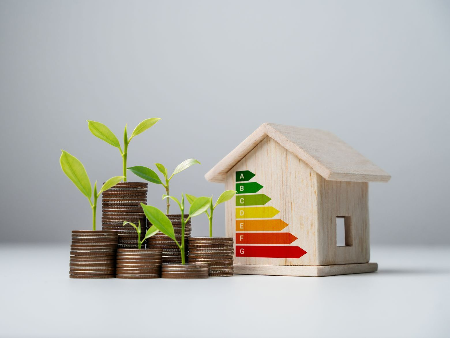 Symbôle de l'économie d'énergie devant une petite maison en bois