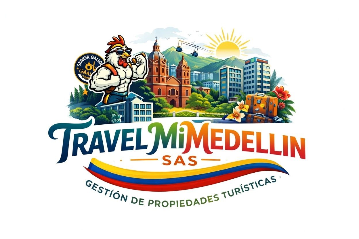 Logo for Travel MiMedellin SAS featuring a muscular cartoon chicken over a Medellín skyline and the Colombian flag.