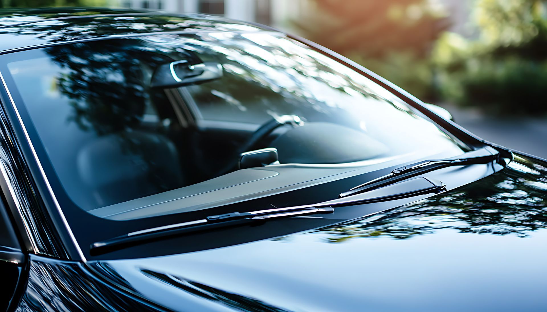 Gros plan sur le pare-brise et le capot d'une voiture noire, avec des reflets d'arbres dans le verre.