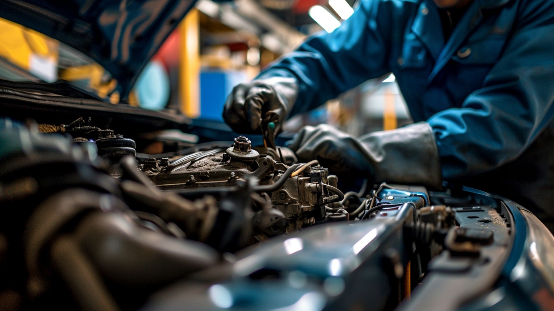Un mécanicien en uniforme bleu et gants travaille sur un moteur de voiture dans un atelier de réparation.