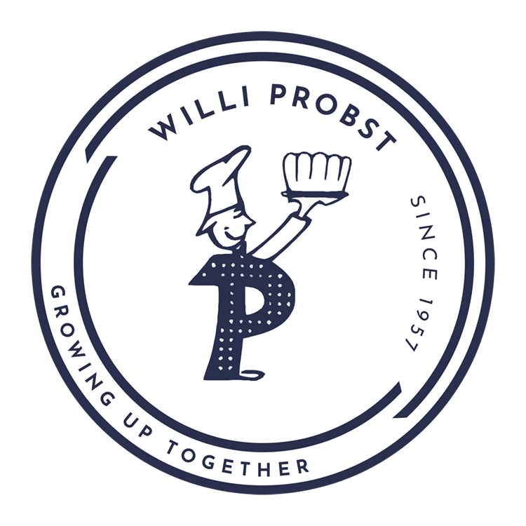 Circular logo: chef holding dessert, 