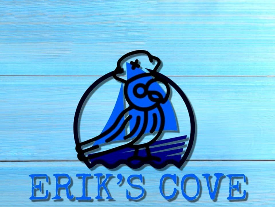 Erik's Cove logo: blue parrot in a sailboat frame, text, and phone number, set against a blue wood-grain background.