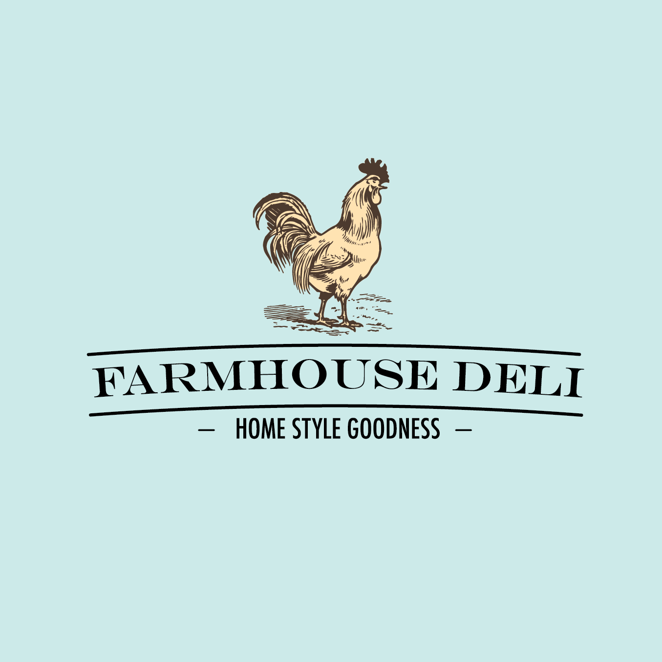 Logo for Farmhouse Deli with a rooster illustration and text on a light blue background.