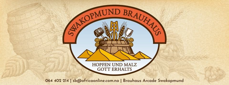 Logo for Swakopmund Brauhaus, an establishment in a vintage style, with text and a crest of beer-related imagery.