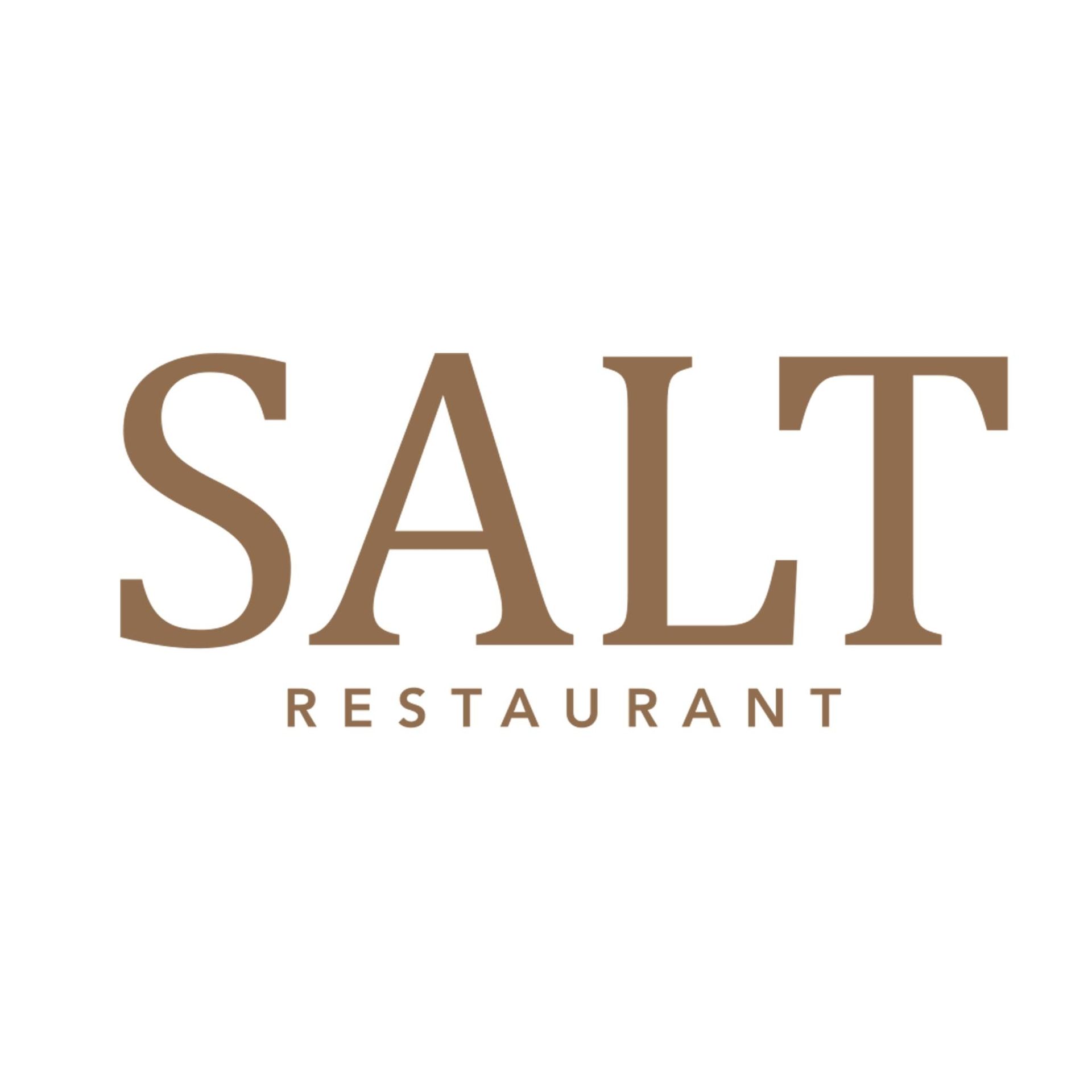 Logo for Salt Restaurant: Brown text on white background. 