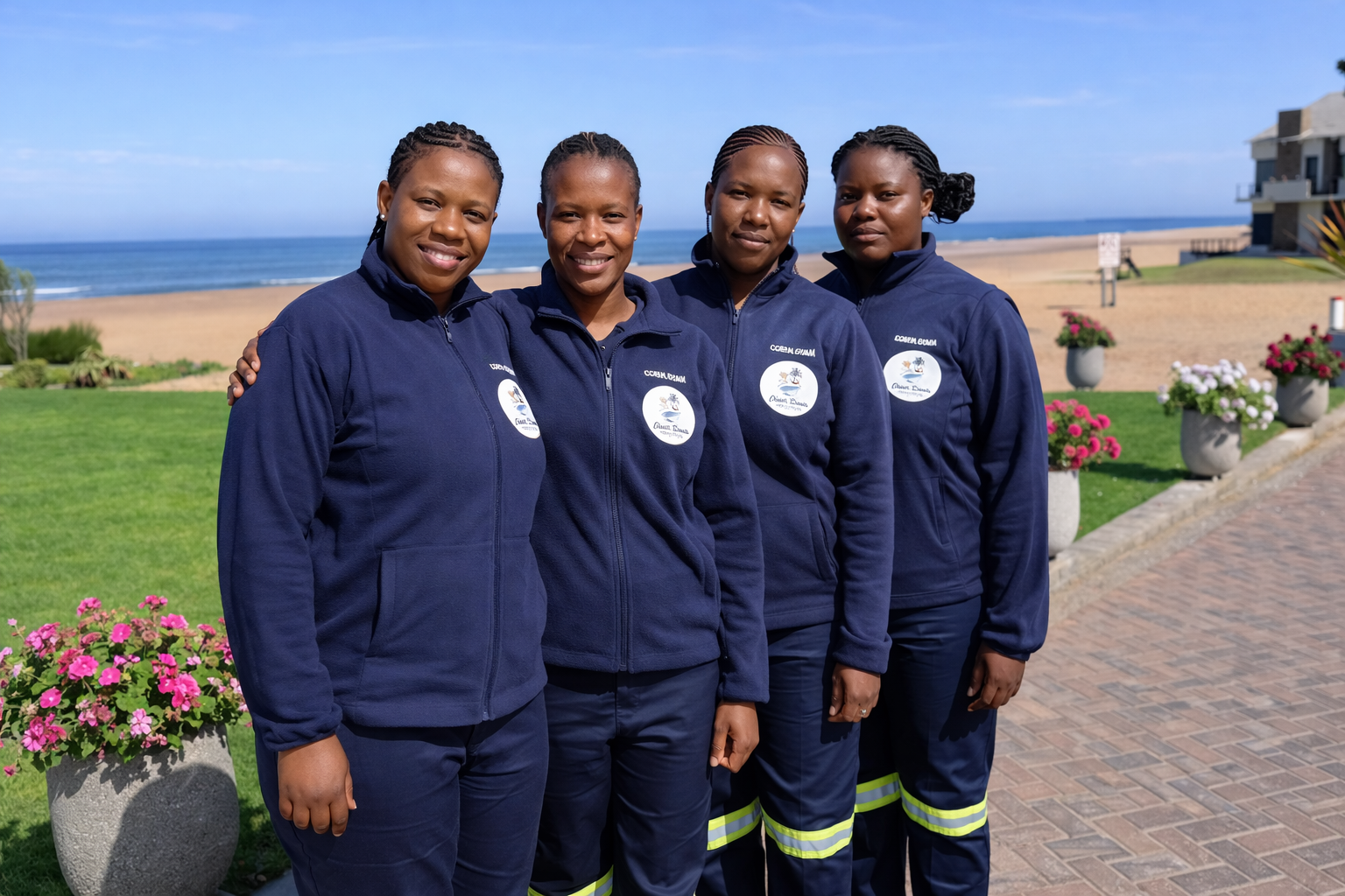 Four women in blue uniforms stand near a beach, smiling.