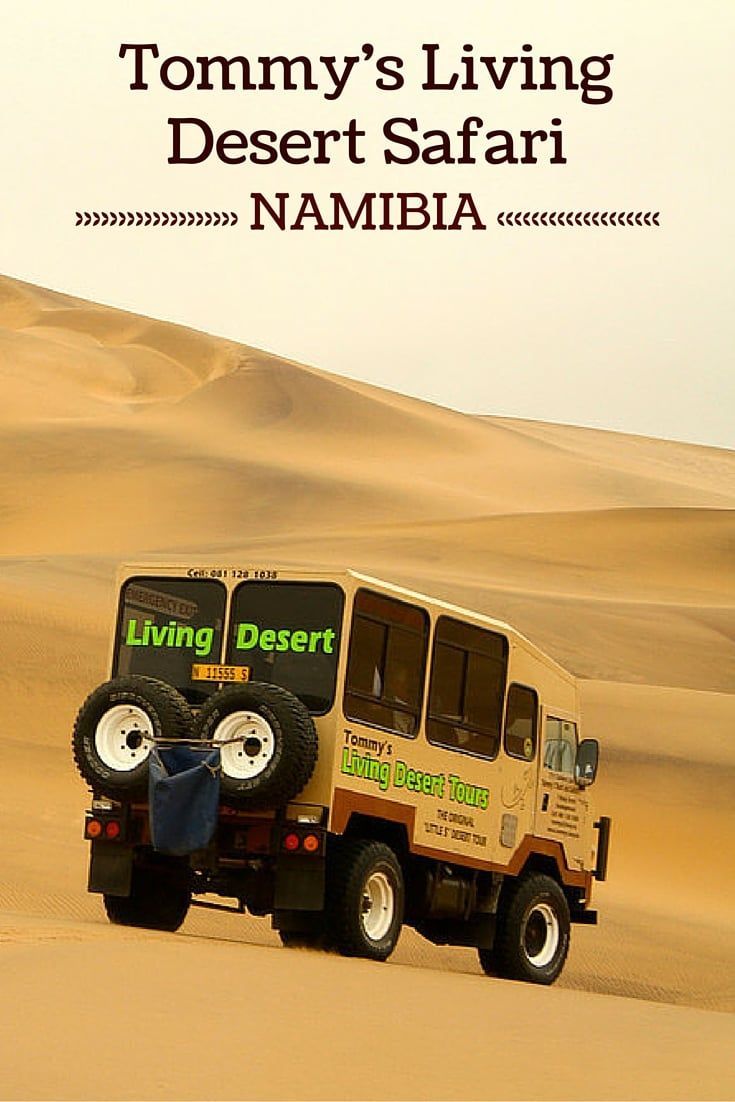Tan safari truck ascending a sand dune in Namibia, with 