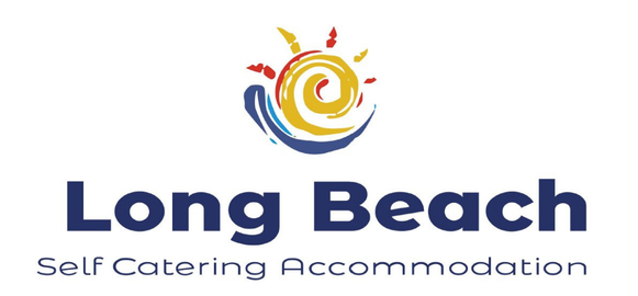Logo for Long Beach self catering accommodation. Features a sun above the text, sun and waves are blue, yellow, and red.