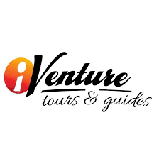 Logo for iVenture tours & guides. Black script font and red/orange circle with white 
