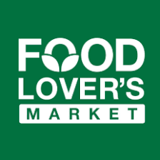Food Lover's Market logo in white on a green background. Features text and a leaf design.