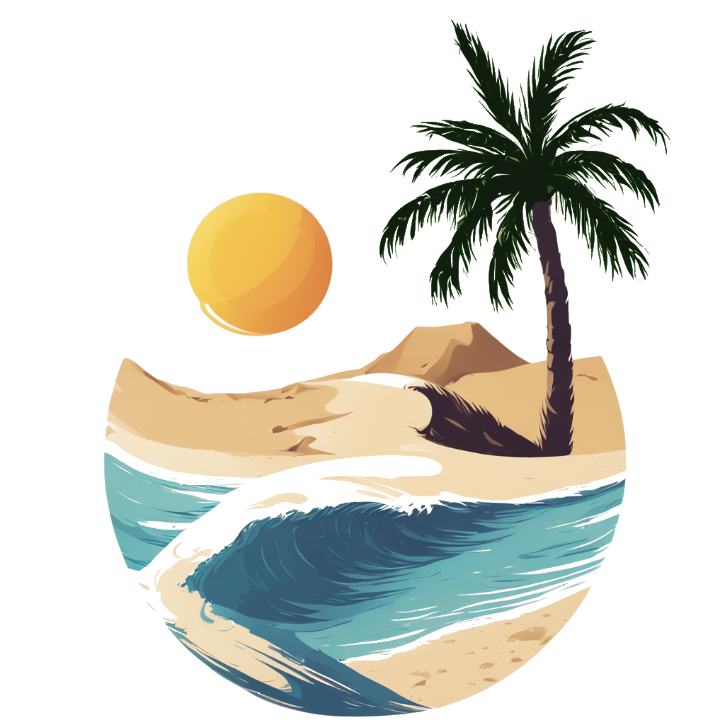 Beach scene: sun, palm tree, waves, sand, small mountain in a stylized circle.