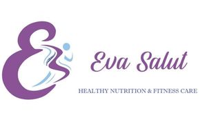 Logotipo morado: texto "Eva Salut" junto a una figura estilizada y líneas fluidas, "Healthy Nutrition & Fitness Care" debajo.