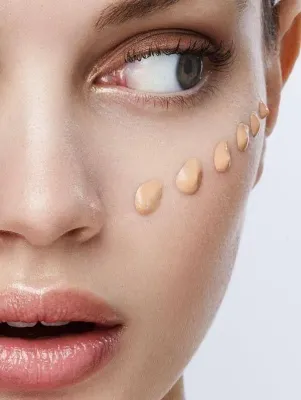 Un primer plano del rostro de una mujer con gotas de base sobre él.