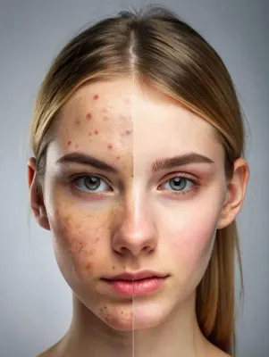 El rostro de una mujer antes y después del tratamiento del acné.