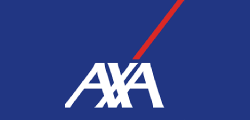 Das AXA-Logo ist weiss auf blauem Hintergrund, mit einem roten diagonalen Akzent über den Buchstaben.