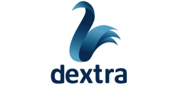Dextra-Logo mit einem blauen stilisierten Schwan über dem Wort „dextra“