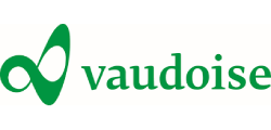 Grünes Vaudoise-Logo mit abstraktem Symbol und Wortmarke auf weissem Hintergrund