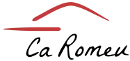 Logotipo de Ca Romeu con l&iacute;nea de techo roja y texto manuscrito en negro.