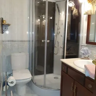 Baño pequeño con inodoro, cabina de ducha de cristal, lavabo con mueble y espejo de pared.