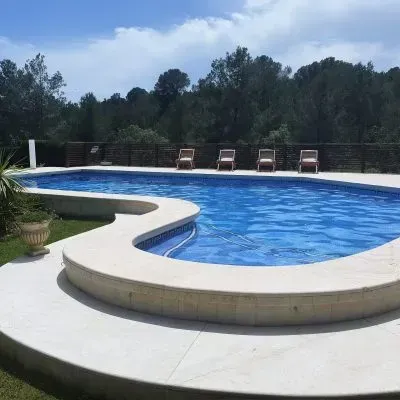 Piscina exterior curva con agua azul, terraza blanca y tumbonas junto a los árboles.