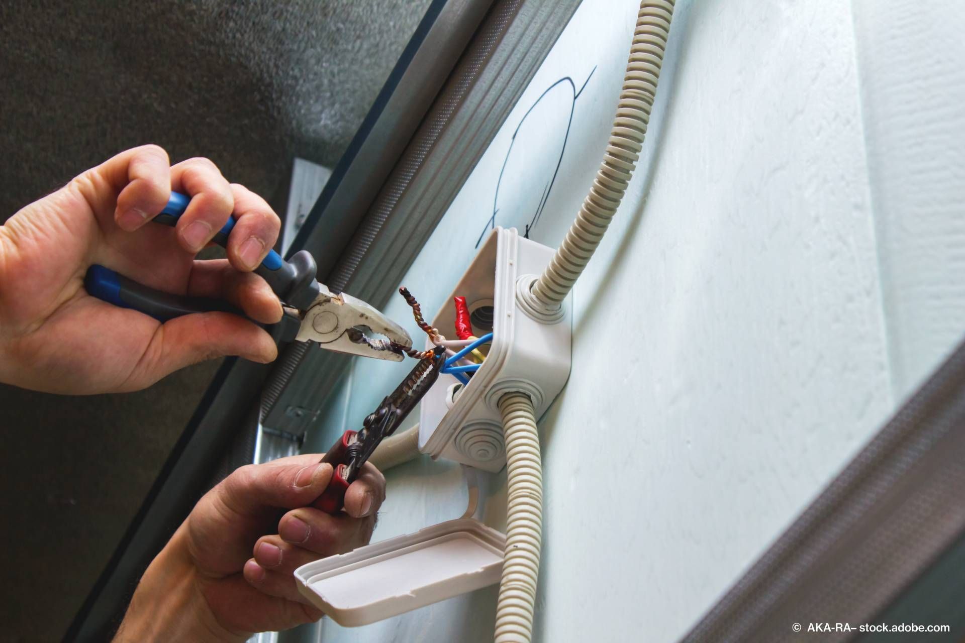 Elektriker verkabelt Leitungen in einer Buchse