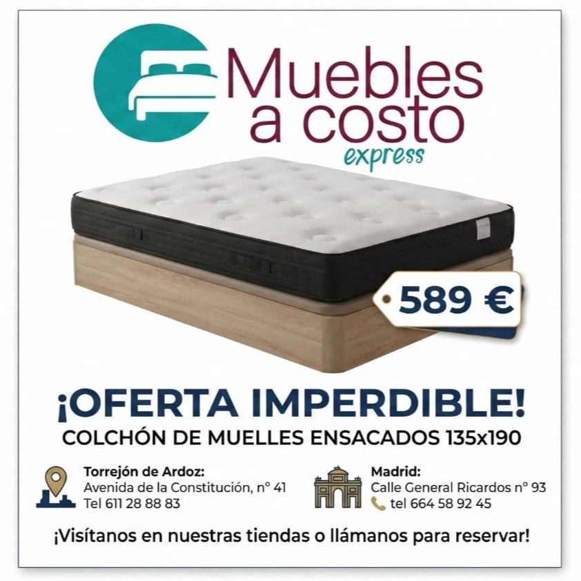 Anuncio de colchón negro y base de madera de Muebles a costo express, oferta 589 € y medidas 135x190.