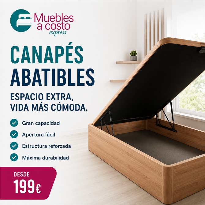 Canapé abatible beige con base blanca y texto promocional en fondo claro.