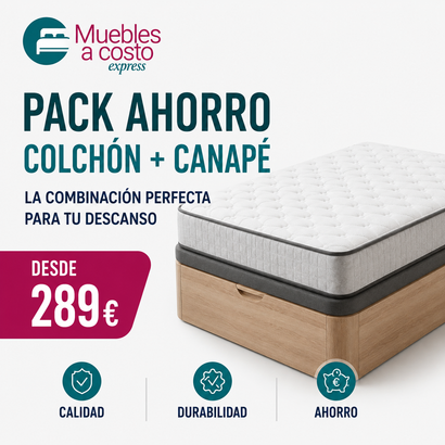 Canapé abatible beige con base blanca y texto promocional en fondo claro.
