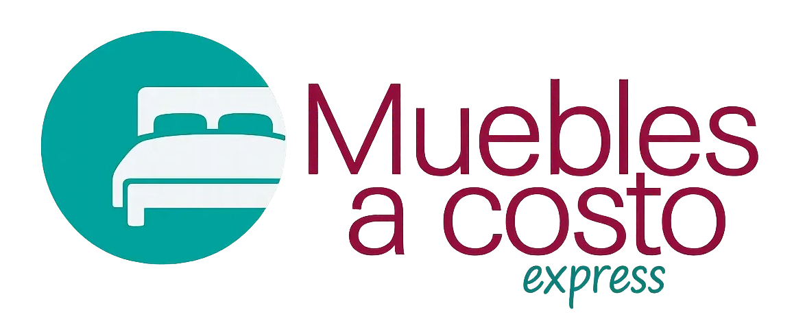 Logotipo de Muebles a costo express en verde azulado y burdeos con icono de silla estilizada