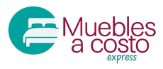 Logotipo de Muebles a costo express en verde azulado y burdeos con icono de silla estilizada