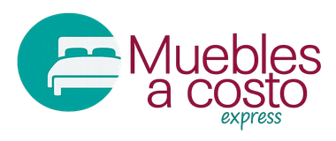 Logotipo de Muebles a costo express en verde azulado y burdeos con icono de silla estilizada
