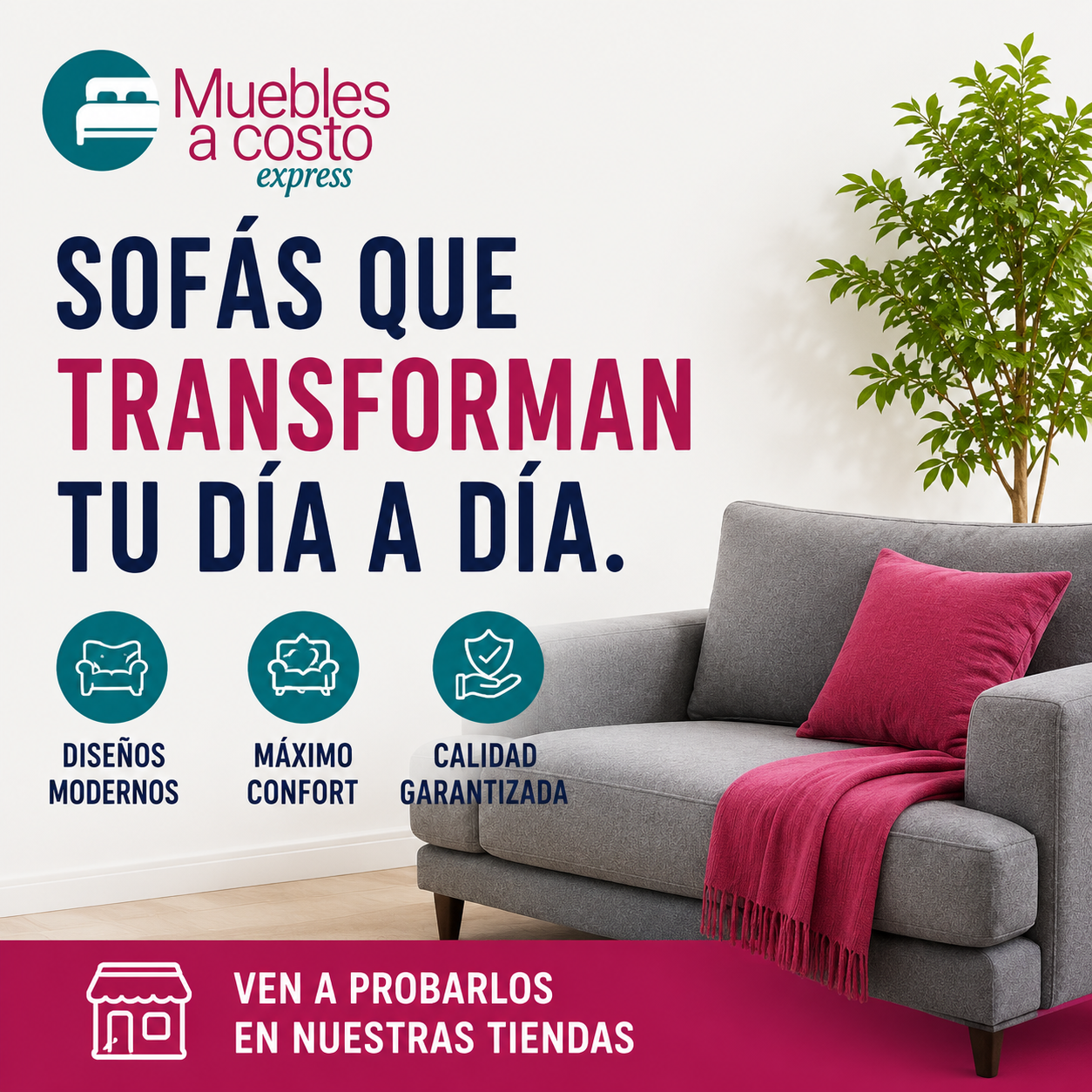 Anuncio de cama abatible azul con canapé, colchón y teléfono de contacto sobre fondo rosa.