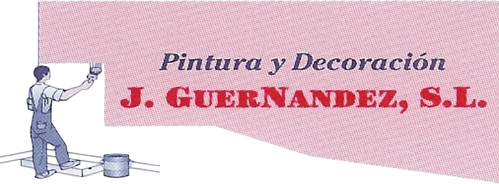 Pintor aplicando pintura, logotipo de la empresa. Texto: Pintura y Decoraci&oacute;n J. GUERNANDEZ, SL. Fondo rosa con ilustraci&oacute;n de un pintor.