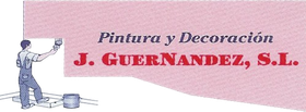Pintor aplicando pintura, logotipo de la empresa. Texto: Pintura y Decoración J. GUERNANDEZ, SL. Fondo rosa con ilustración de un pintor.