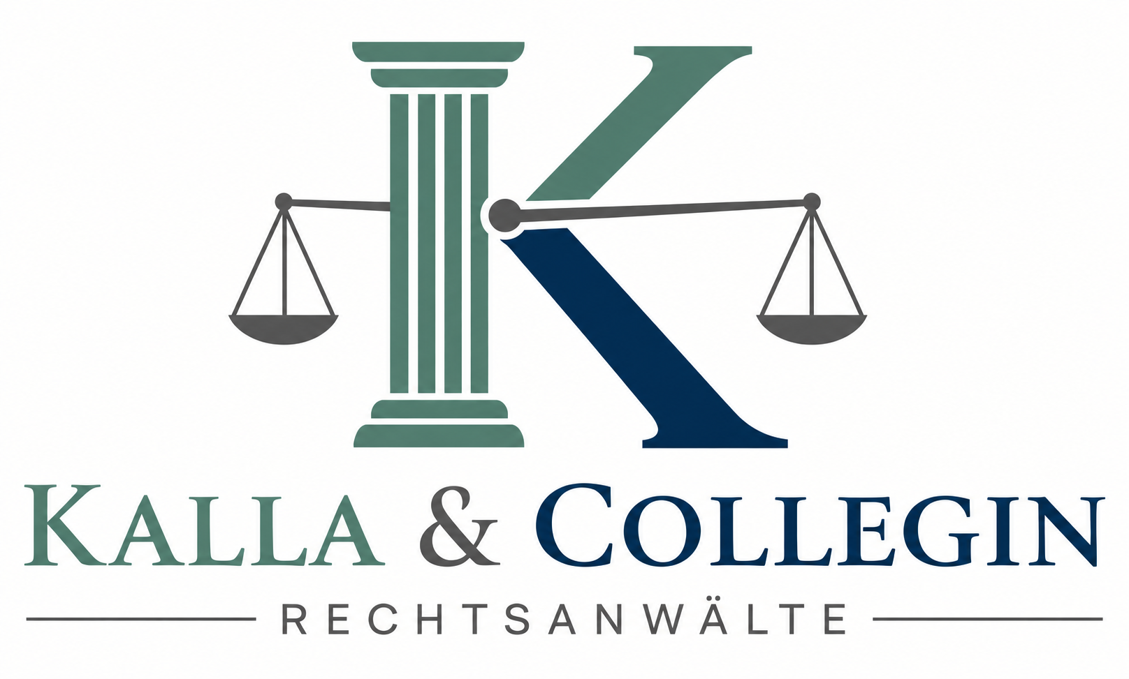 Logo der Anwaltskanzlei Kalla & Kollegen mit grünen Schuppen und stilisiertem K auf weißem Hintergrund