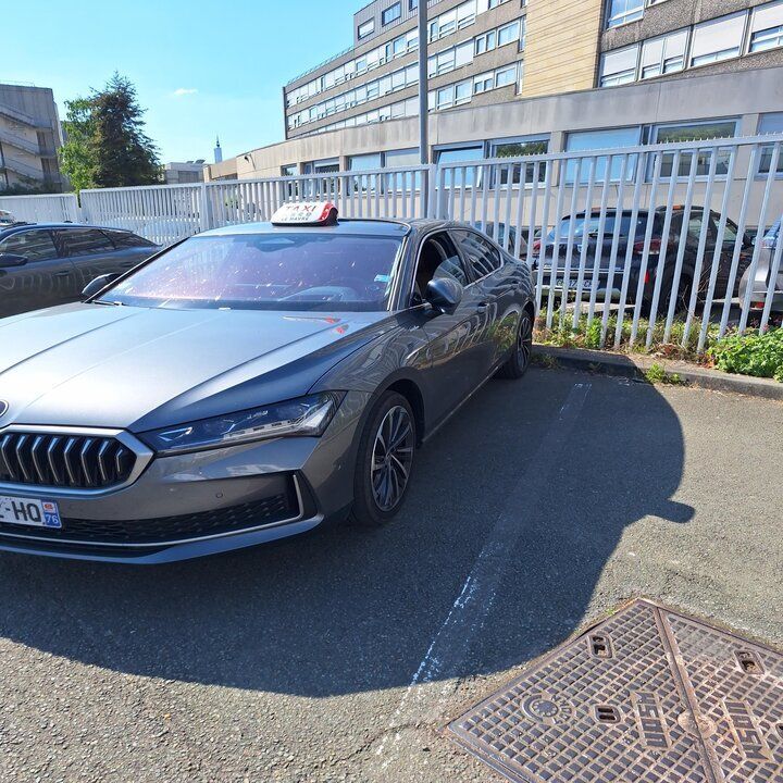 Taxi gris stationné devant un immeuble, journée ensoleillée. Panneau « Taxi » sur le toit.