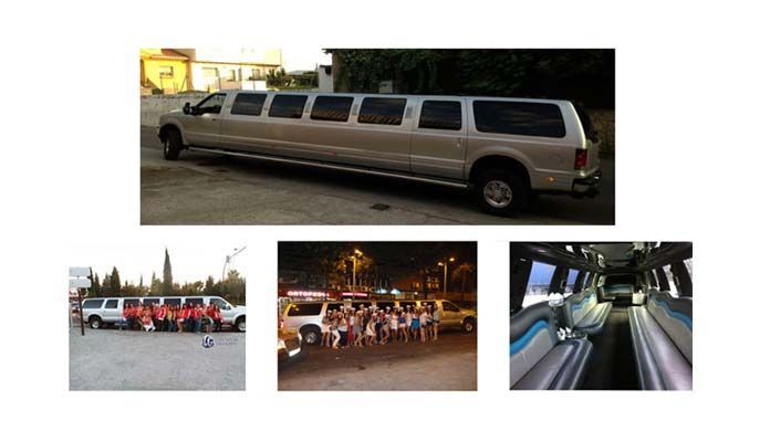 Limusina SUV color plata; grupo posando, vista interior.