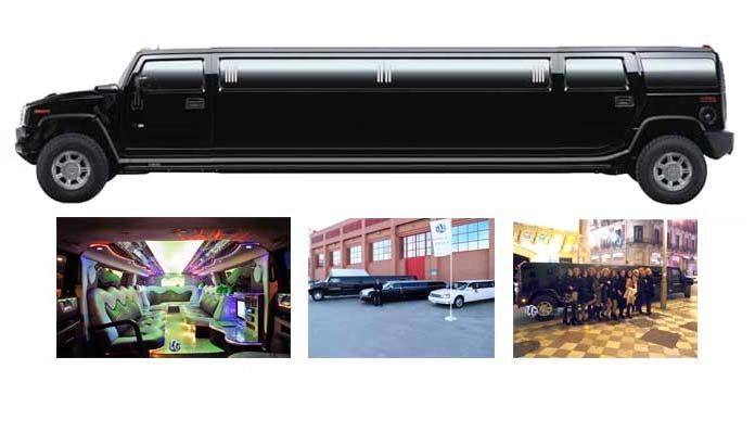 Limusina Hummer negra; vistas interiores y exteriores, incluido un grupo de personas.