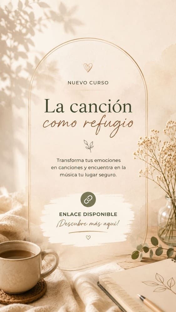Portada beige de libro “La canción como refugio” con taza, hojas y flores secas.