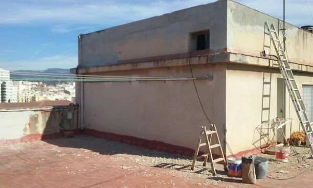 Una escalera está apoyada contra el costado de un edificio.