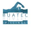 Un logotipo de Buatec Piscinas muestra a un nadador en el agua.