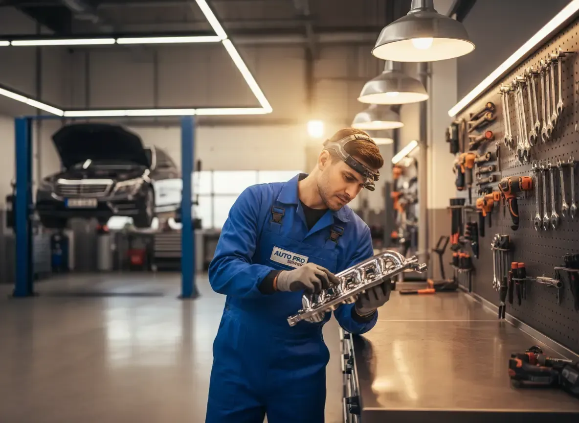 Un mecánico con uniforme azul inspecciona una pieza del motor de un coche dentro de un taller de reparación de automóviles con herramientas colgadas en la pared.