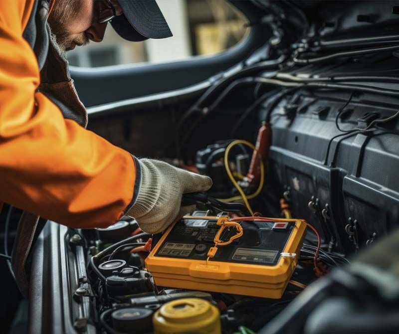 Un hombre está trabajando en el motor de un coche.