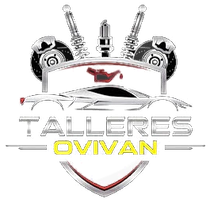 Un logotipo para talleres ovivan con un automóvil y piezas en él.