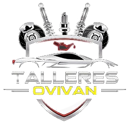 Un logotipo para talleres ovivan con un automóvil y piezas en él.