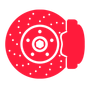 Un disco de freno rojo con una pastilla de freno blanca sobre un fondo blanco.