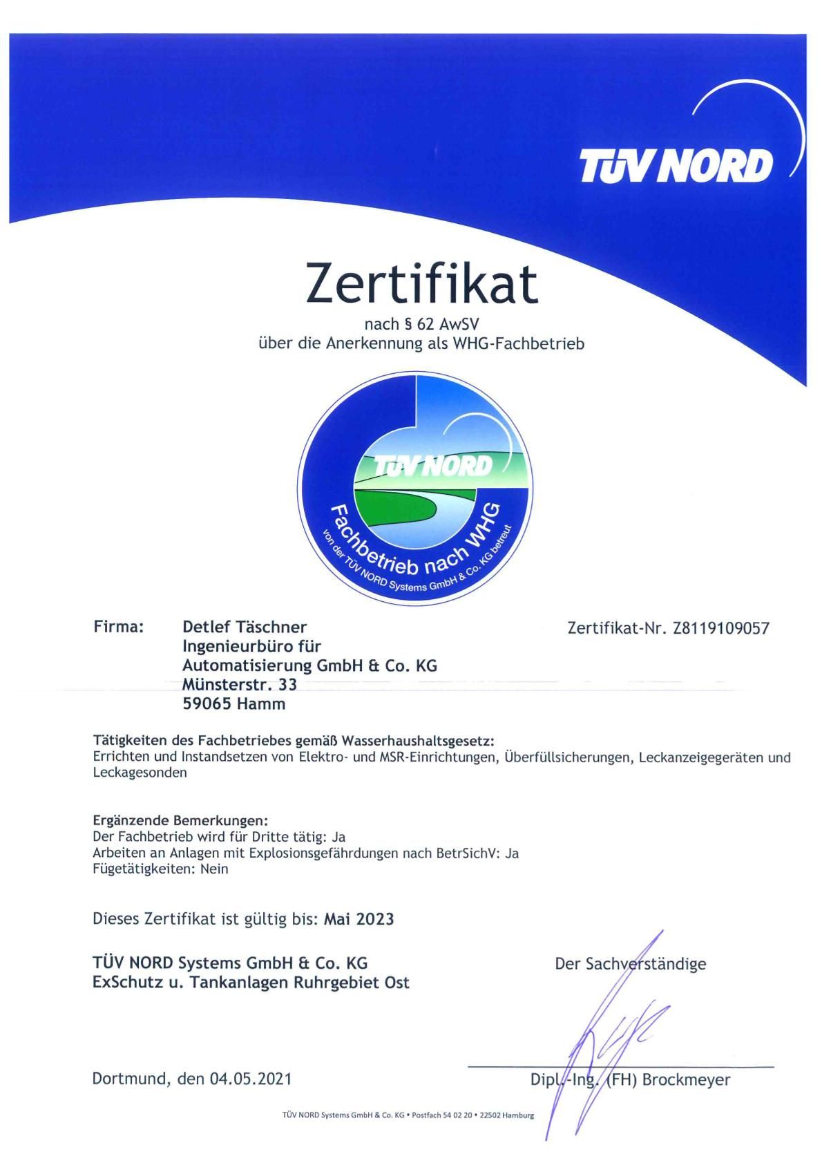 Zertifikat Fachbetrieb WHG